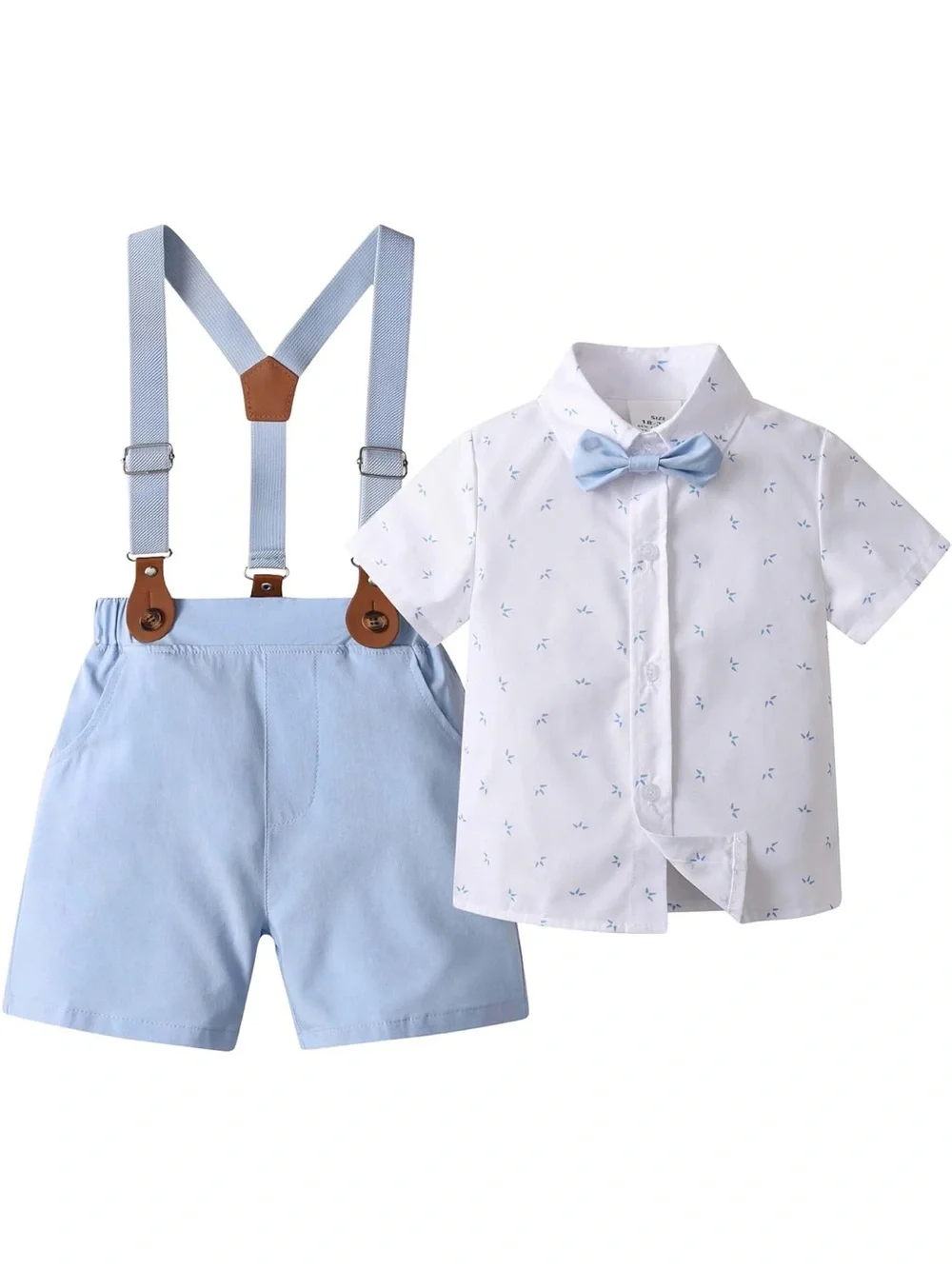 Boys Light Blue Shorts & Shirt Set with Bow Tie and suspenders + Shoes